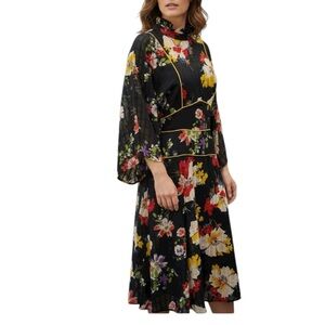 ASOS  Womens Size 4 Black Midi Colored Floral Dress with Flowy Billowing Sleeves
